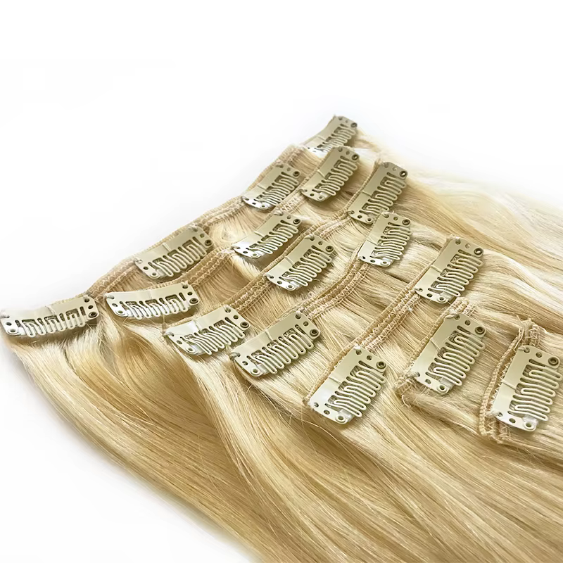 Clip dans l'extension de cheveux humains droite 7 pièces pince en pleine tête