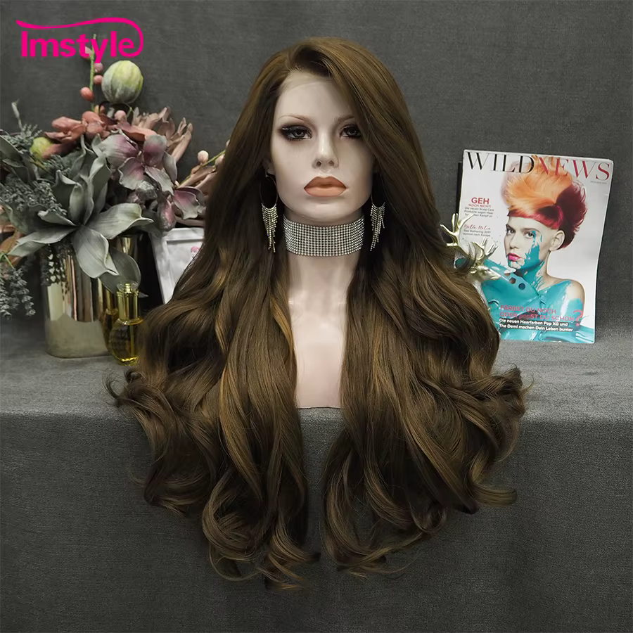 Imstyle-Perruque Synthétique Lace Front Wig pour Femme, Cheveux Longs Naturels Ondulés, Fibre de Degré de Chaleur, localité, Brun Mixte, 03/Wigs