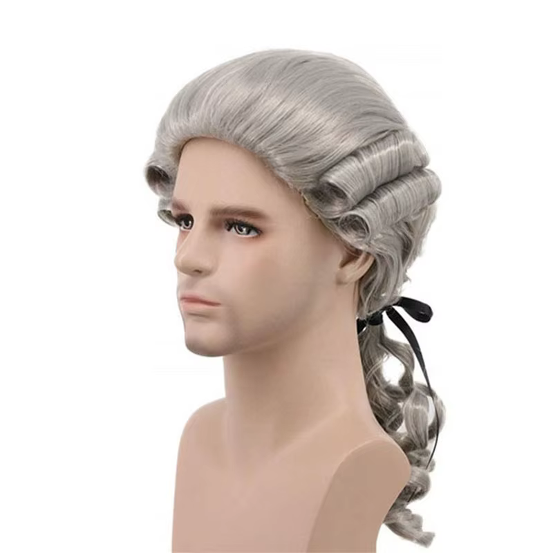 Gris blanc noir avocat juge baroque bouclés hommes perruques de luxe historique longue synthétique Cosplay perruque