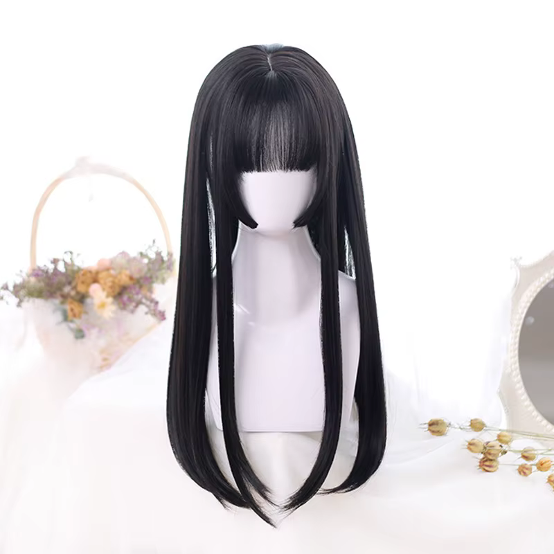 AOSI – perruques synthétiques noires longues et lisses avec frange pour femmes, perruques de fête de Cosplay de noël à la mode