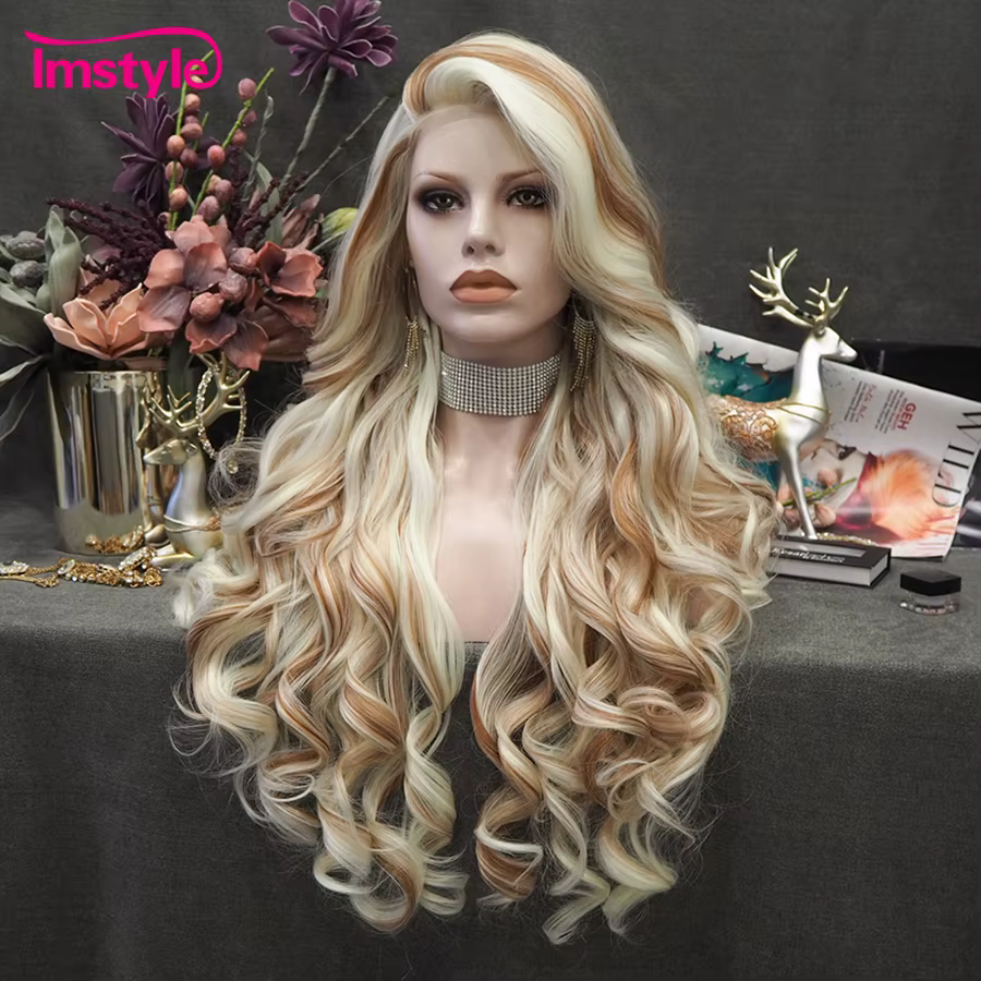 Imstyle-Perruque Lace Front Wig Synthétique Longue et Ondulée pour Femme