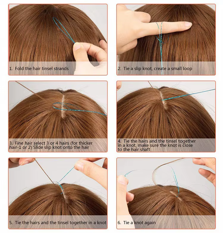 150 mèches de tinsel coloré scintillant pour extensions de cheveux