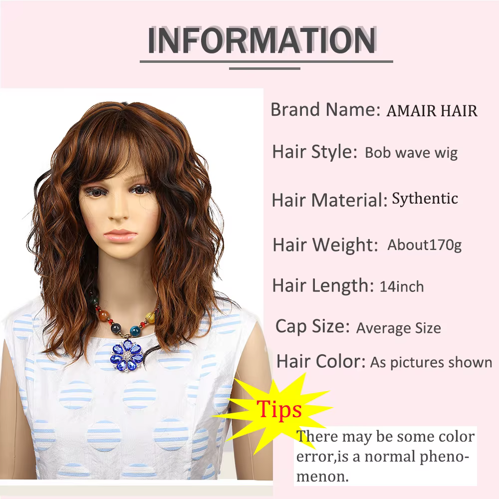 Amir-Perruque Bob Synthétique Courte avec Frange Latérale Naturelle pour Femme