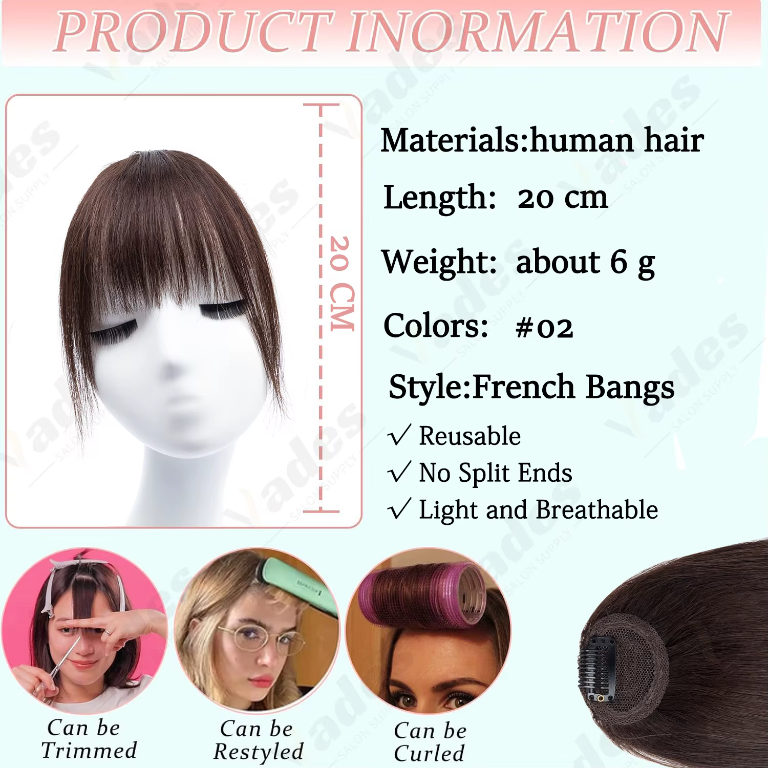 VADES Franges à clipser en cheveux naturels