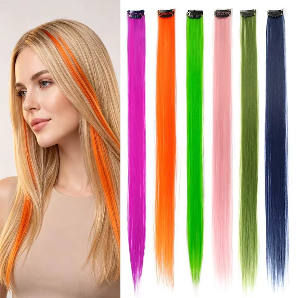 Extensions de cheveux colorées synthétiques 22 pouces lisses orange vert à clipser