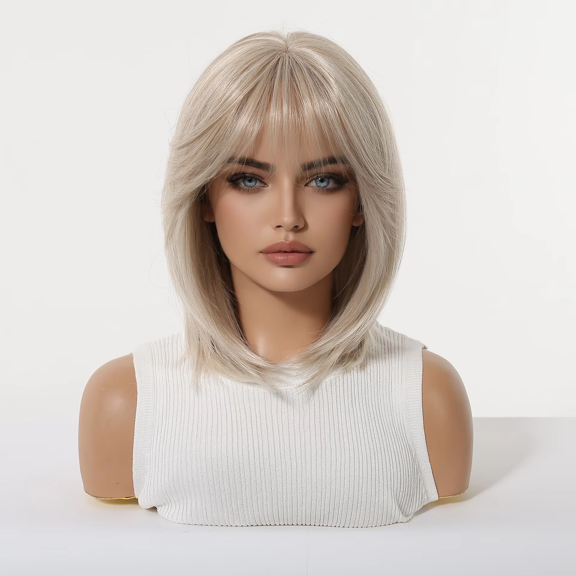 Perruque Bob dégradé blond platine de 12 pouces avec frange