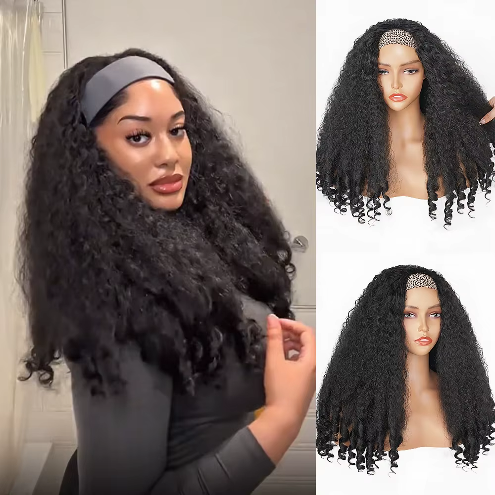 Yaki bandeau Afro bouclés perruques synthétiques crépus droites avec extrémités bouclées sans colle sans laisser Clip