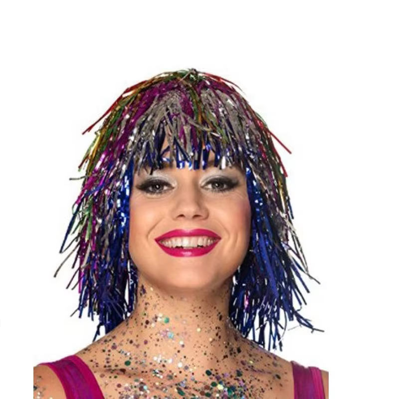 Hommes femmes dame coloré fil de pluie gland Paillette perruque Bar Disco Clown désordre cheveux décoration accessoires fête tête porter noël