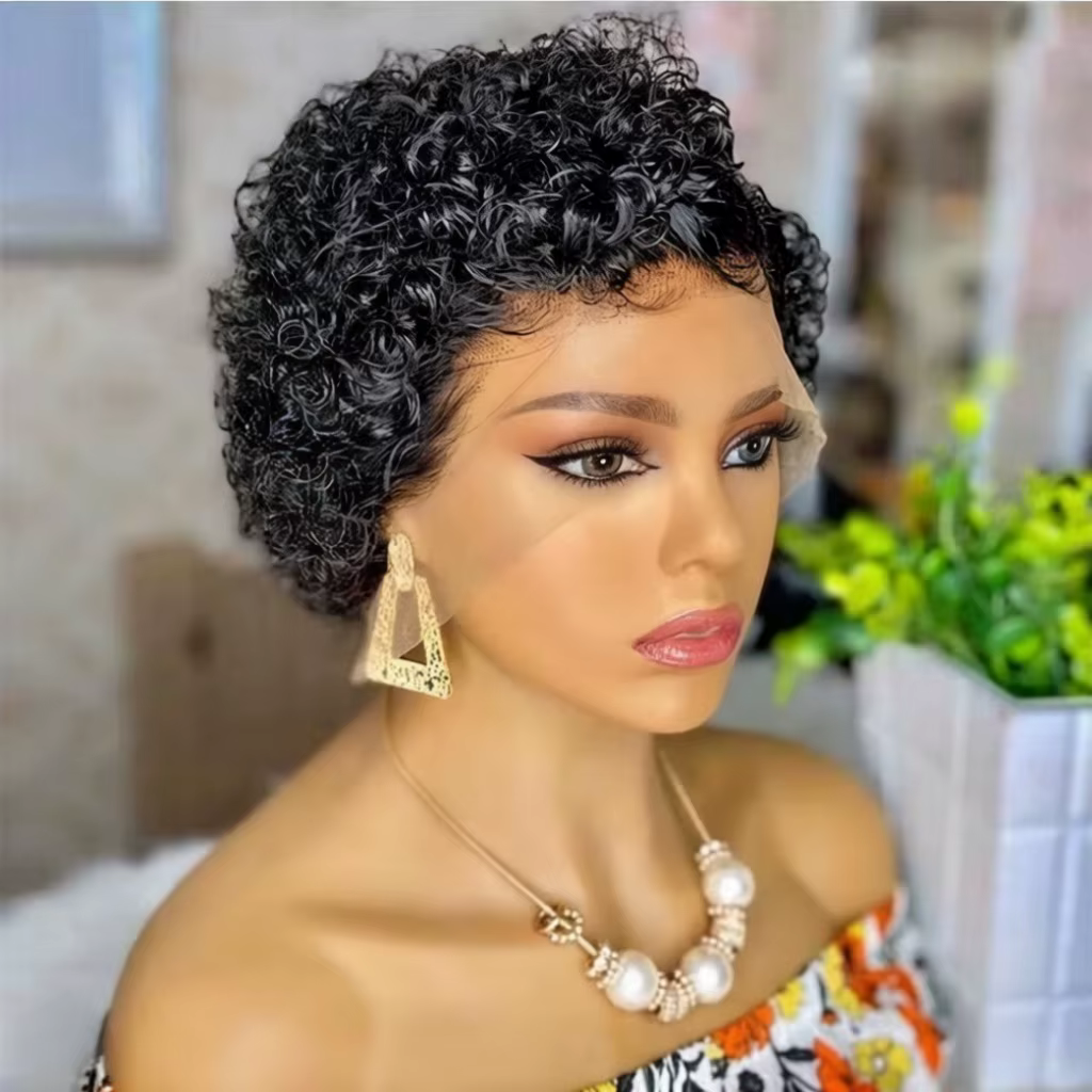 Perruque courte bouclée en cheveux humains