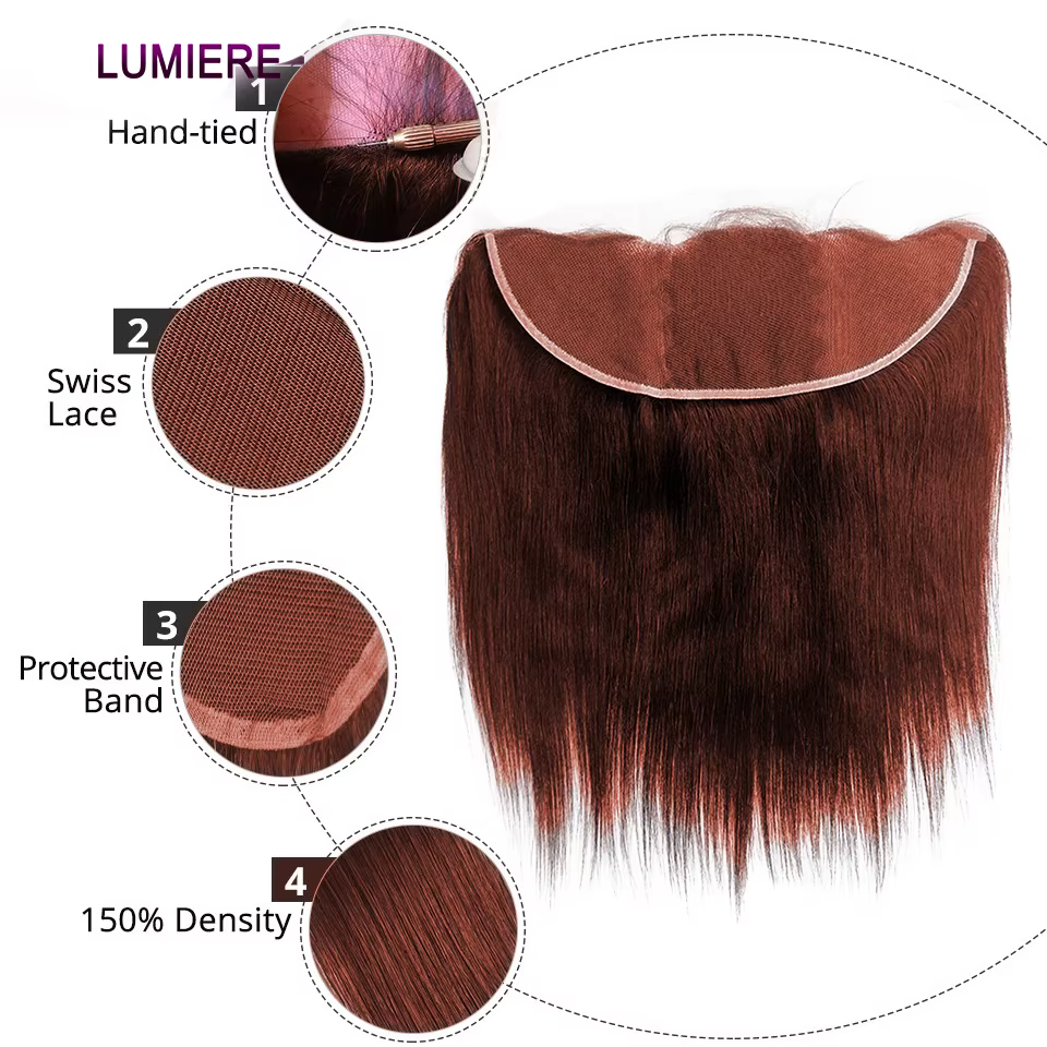 # Mèches brésiliennes 100% naturelles lisses, brun Auburn, avec Lace Frontal Closure transparente HD, Extension de cheveux vierges, 33