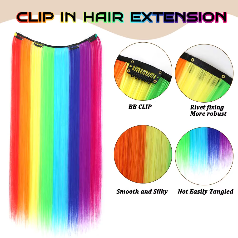 Extensions capillaires synthétiques longues à clips arc-en-ciel de 22 pouces