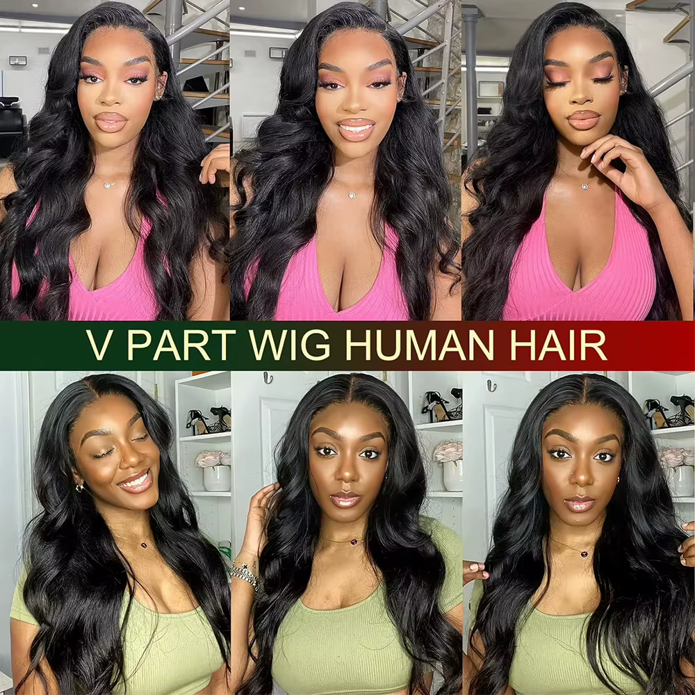 Perruque V Part Body Wave en cheveux humains, version améliorée, sans colle, pour débutantes, à clips, sans besoin de laisser de cheveux apparents, sans colle, sans couture, densité 250%