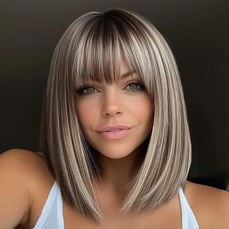 Perruque courte coupe Bob marron mélangée à reflets avec frange droite (fibre synthétique) – Parfaite pour un usage