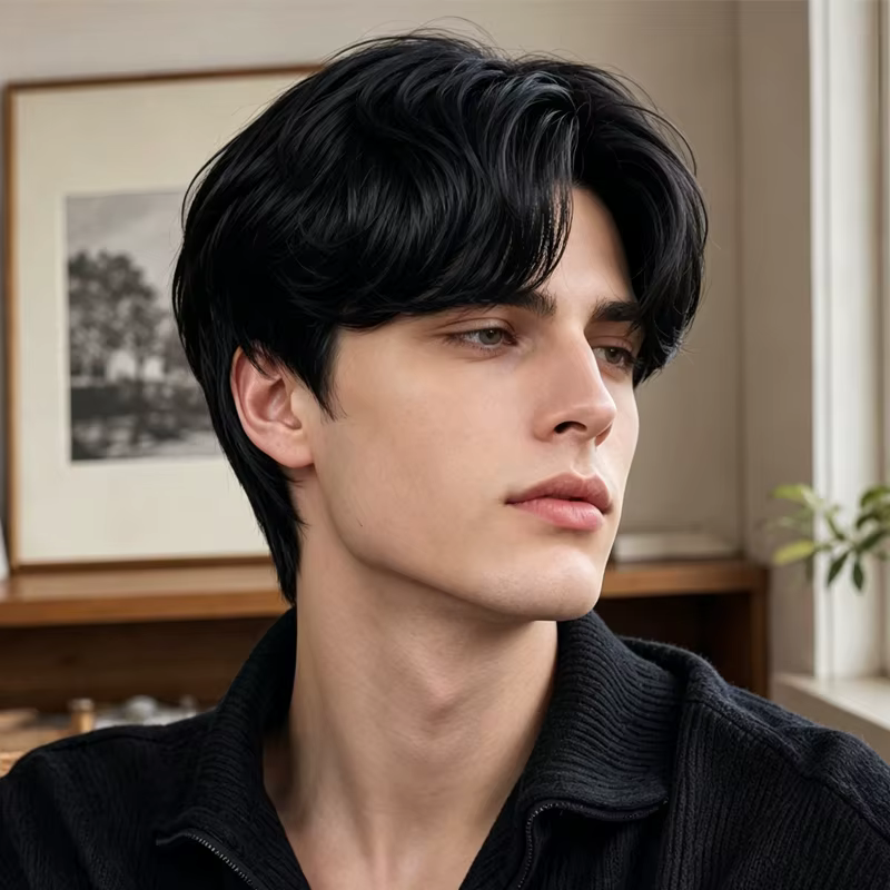 Perruque pour homme noire de 8 pouces en matière synthétique