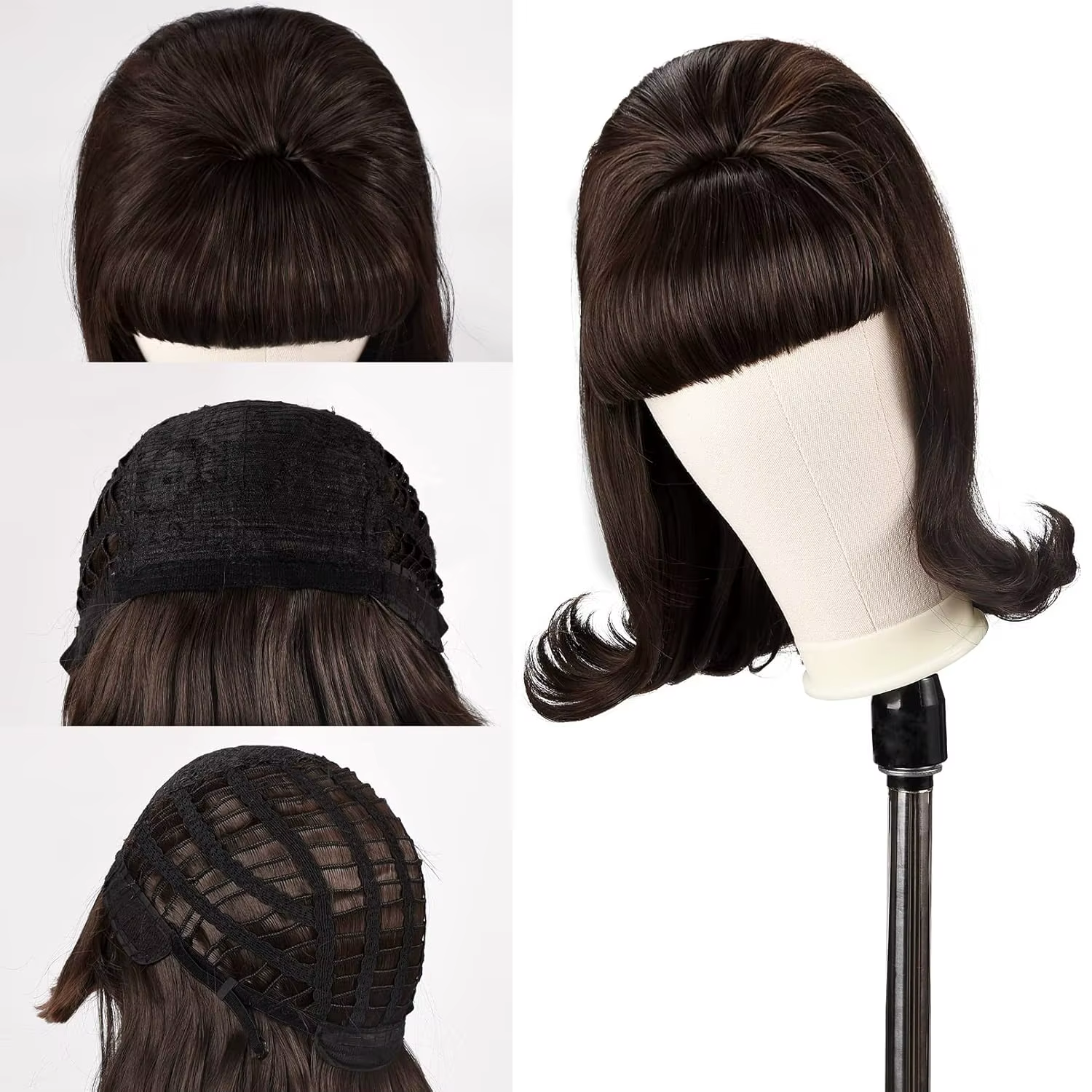 Perruque marron rétro 50S 60S 70S pour dames avec frange