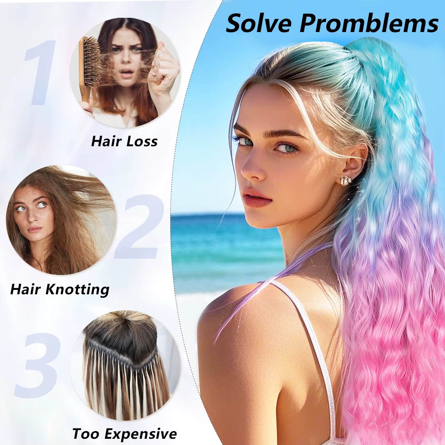 Extensions de queue de cheval colorées synthétiques bleu violet rose Ombre couleur vague d'eau
