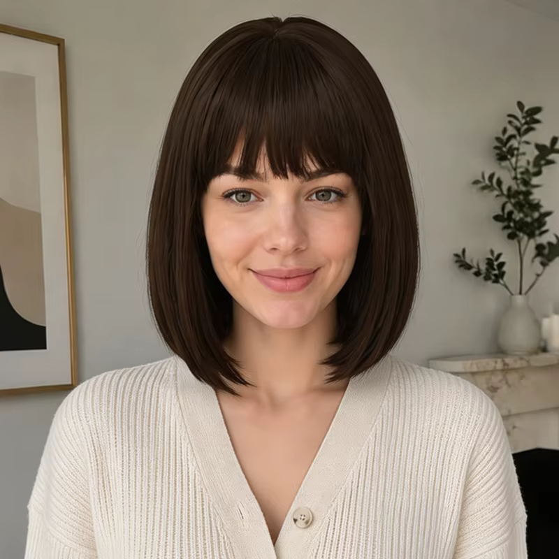 Perruque bob brune de 12 pouces, en cheveux synthétiques naturels, adaptée à un usage quotidien pour les femmes.