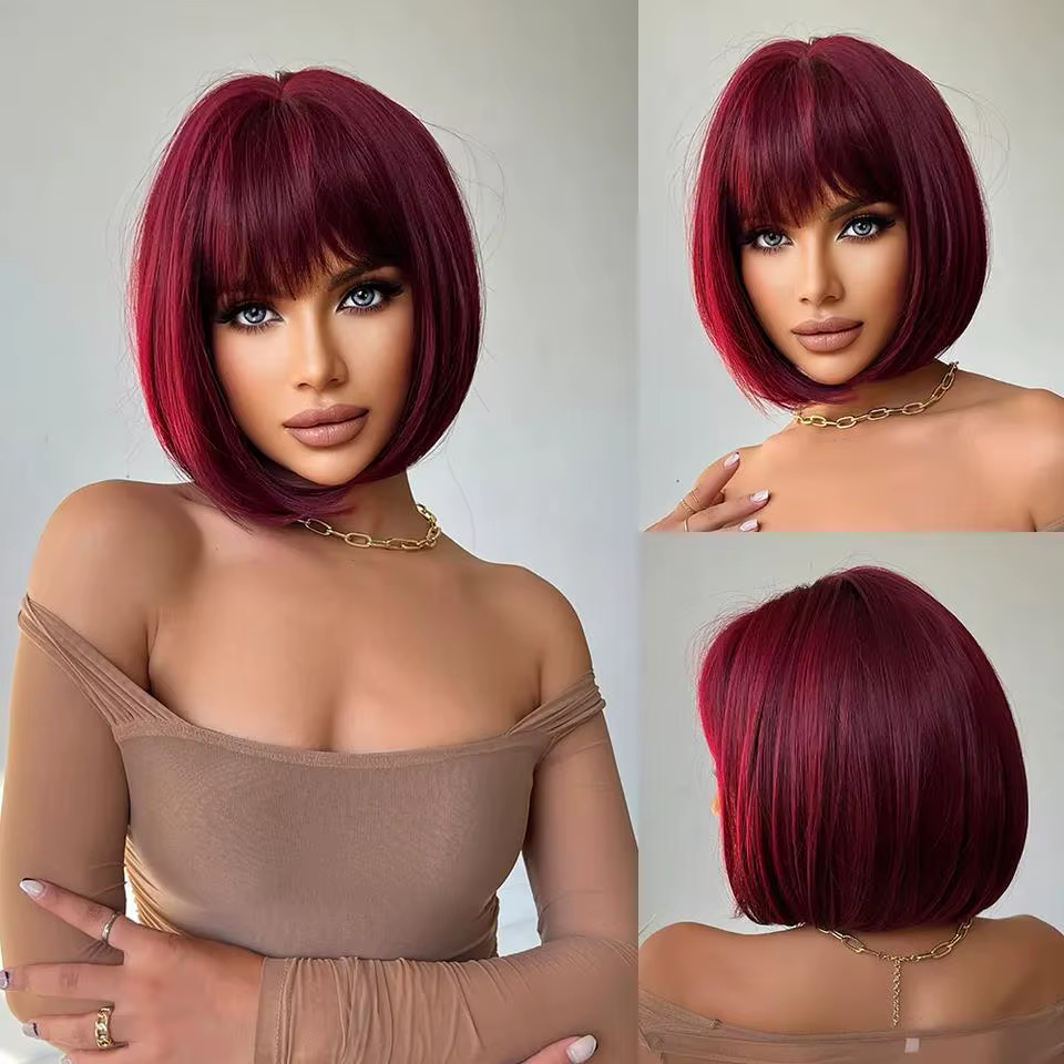 Perruque synthétique de coiffure bob rouge vin à la mode pour la fête