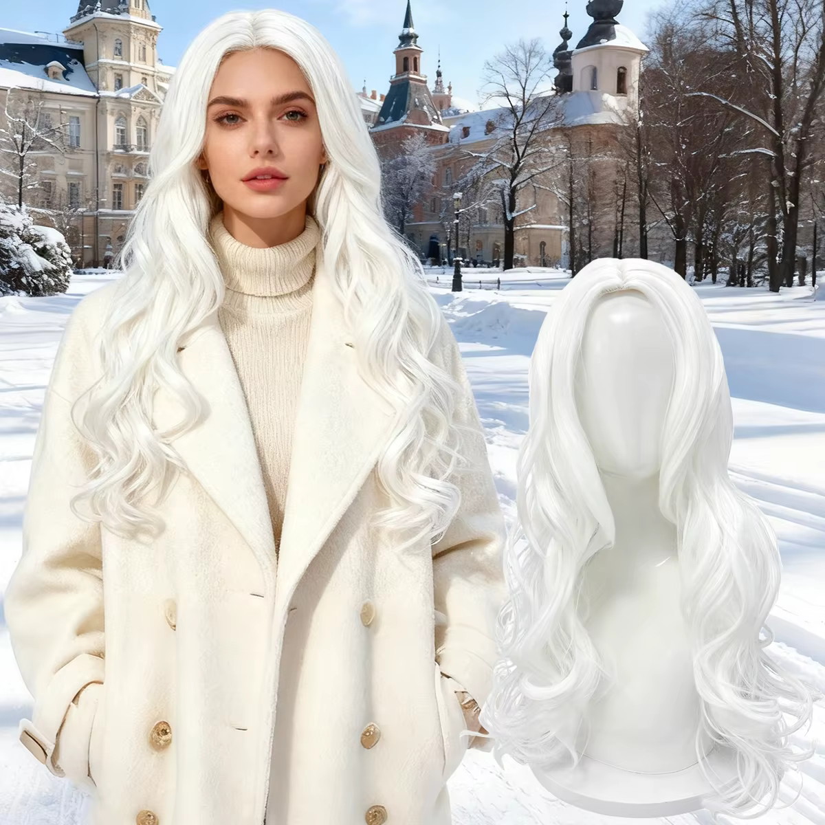 Perruque blanche longue ondulée avec partie centrale – Fiber synthétique d'apparence naturelle pour cosplay