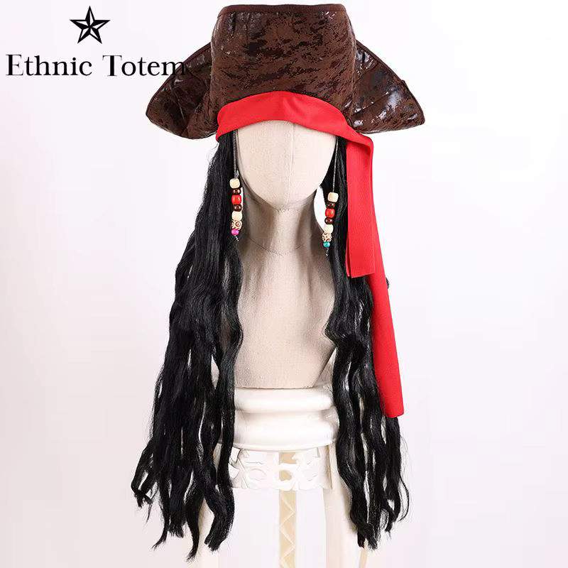 Perruque de chapeau marron de capitaine Pirate pour adulte