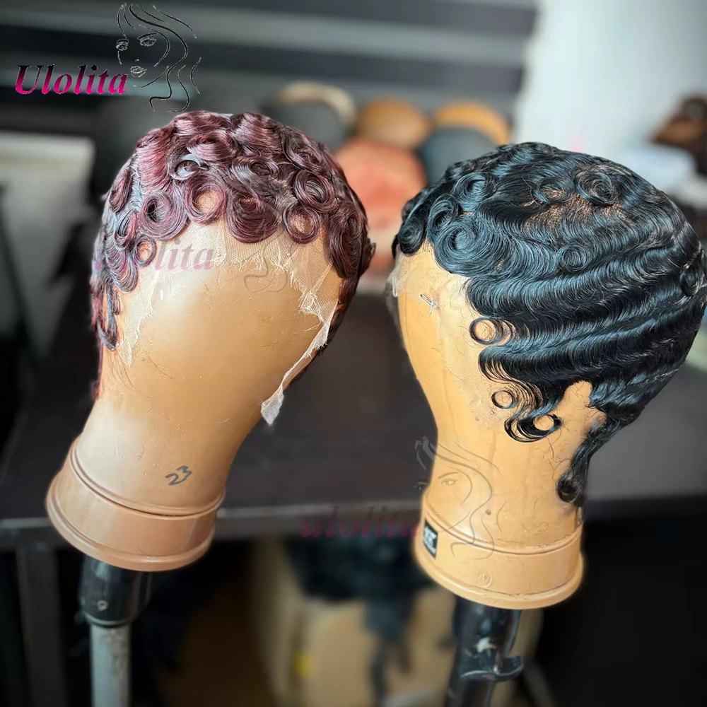 Perruques Courtes pour Femmes Noires Cheveux Humains Bourgogne 99J Chic Sans Colle Ondulées Coupe Pixie Perruque