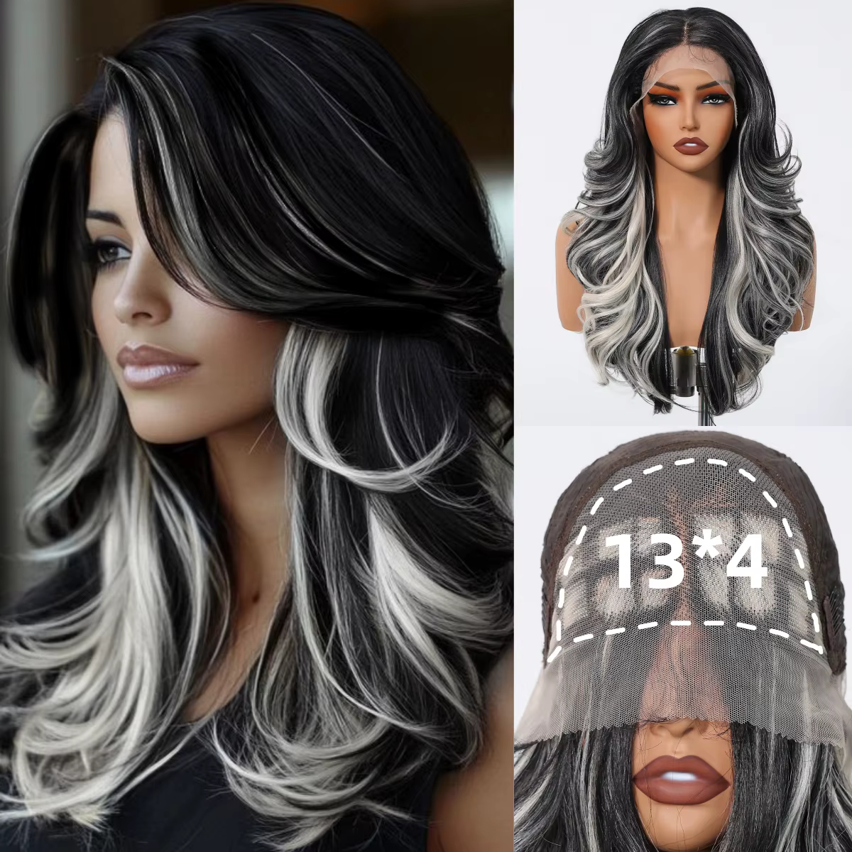 HENRY MARGU perruque Lace Front Wig synthétique longue ondulée noir blanc mettre en évidence