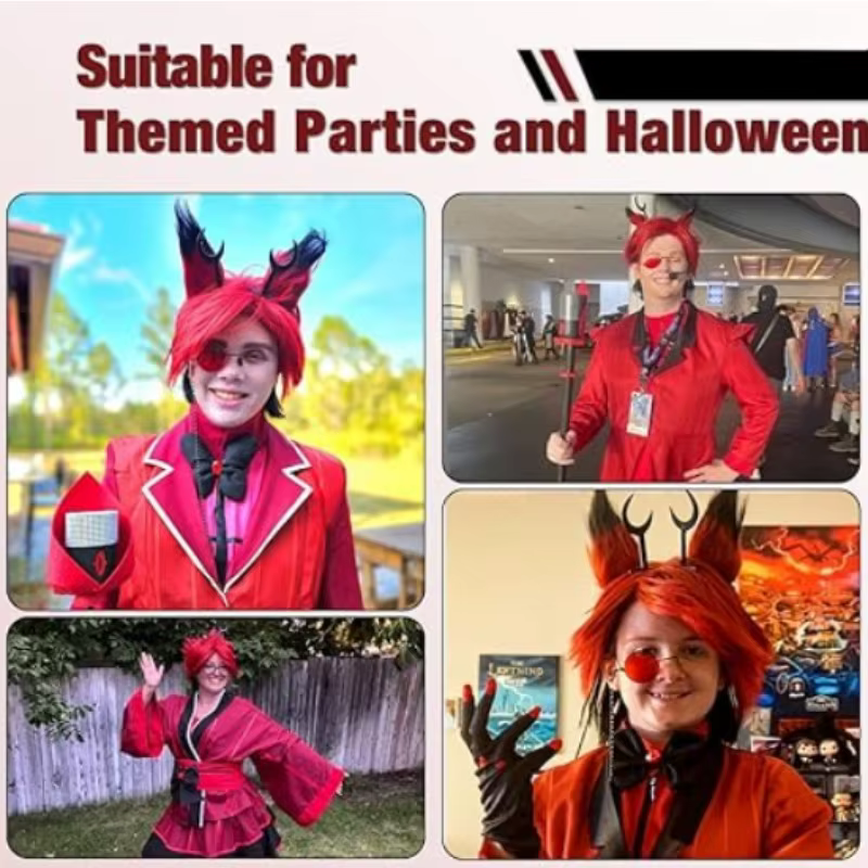 Perruque noire et rouge avec clips de cornes et oreilles détachables pour cosplay