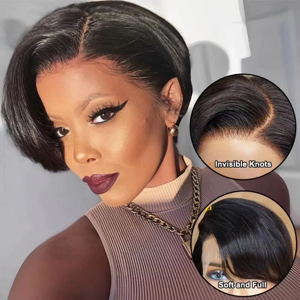 Perruque courte coupe pixie en cheveux humains, perruque bob transparente 13x4 avec partie en dentelle, perruque brésilienne 100% cheveux humains pour femmes