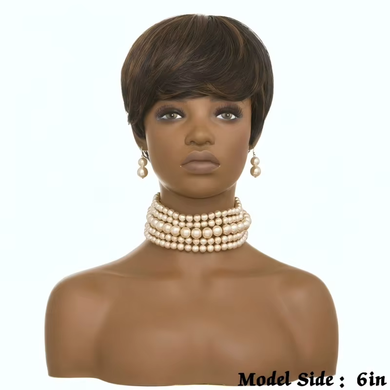 Perruque courte ondulée naturelle noire-brun style pixie avec frange