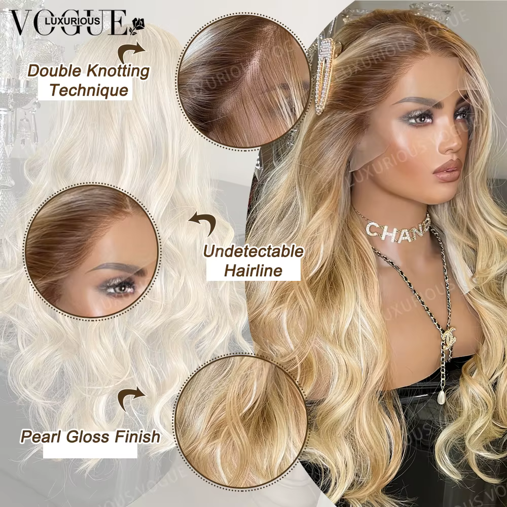 LUX VOGUE Misty Moon doré 100% perruque de cheveux humains blond cendré vagues plage flexibilité de séparation ligne