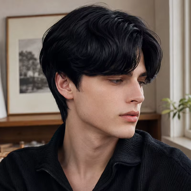 Perruque pour homme noire de 8 pouces en matière synthétique