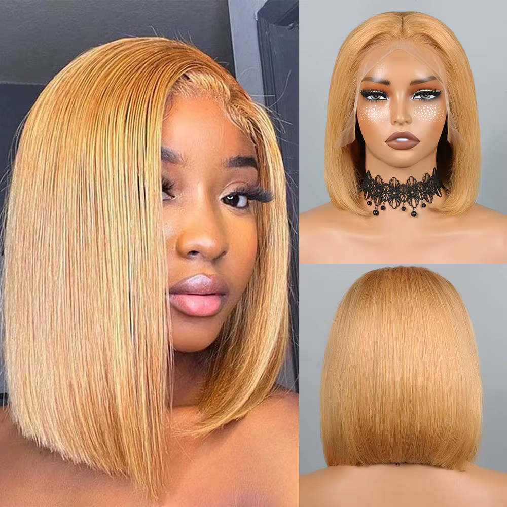 27 # Blonde courte Bob perruque cheveux humains 210% droite 13x4 dentelle avant