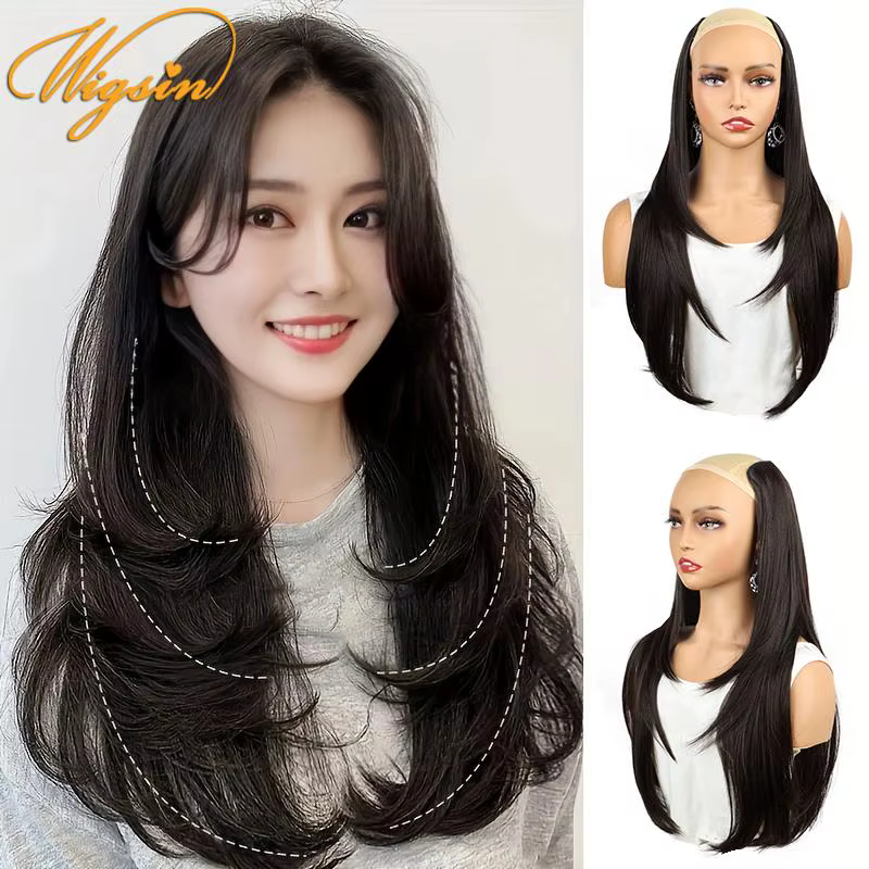 WIGSIN 22 pouces synthétique en forme de V couches 4 Clips longue Extension de cheveux raides mode postiche Invisible perruque pour les femmes