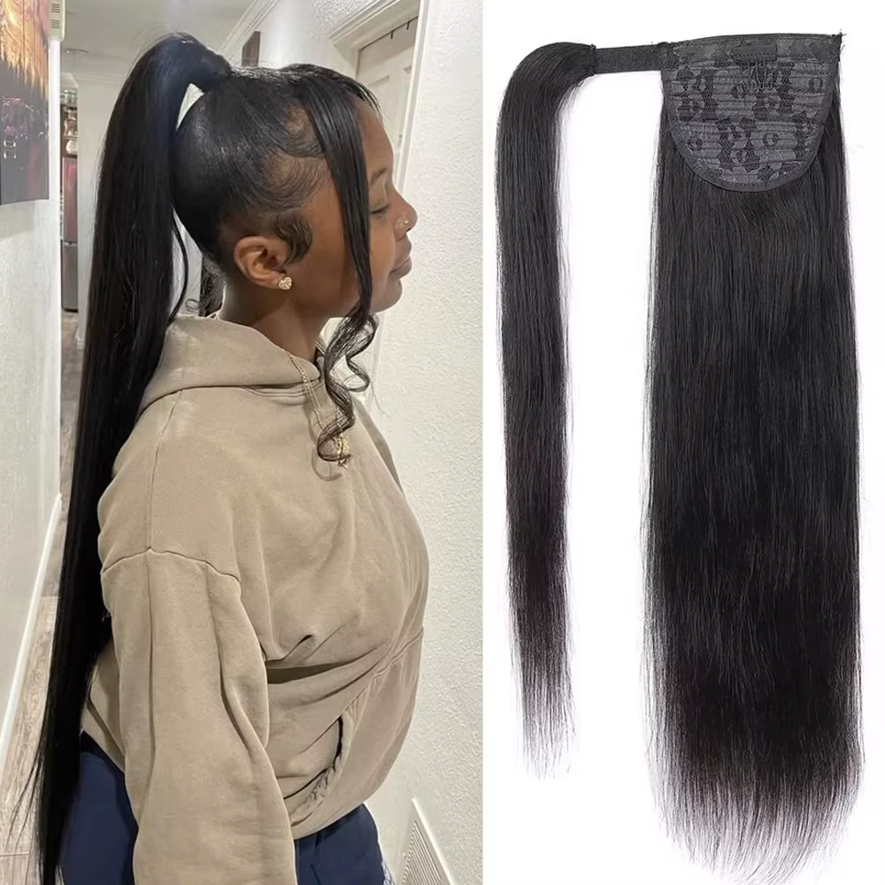 Extensions de cheveux brésiliennes pour femmes noires, queue de cheval à clipser, en cheveux humains lisses, à enrouler avec cordon de serrage