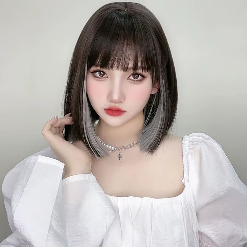 Perruque femme cheveux courts raides, effet ombré, couleur teintée, cheveux synthétiques en fibre de soie haute température, ensemble complet