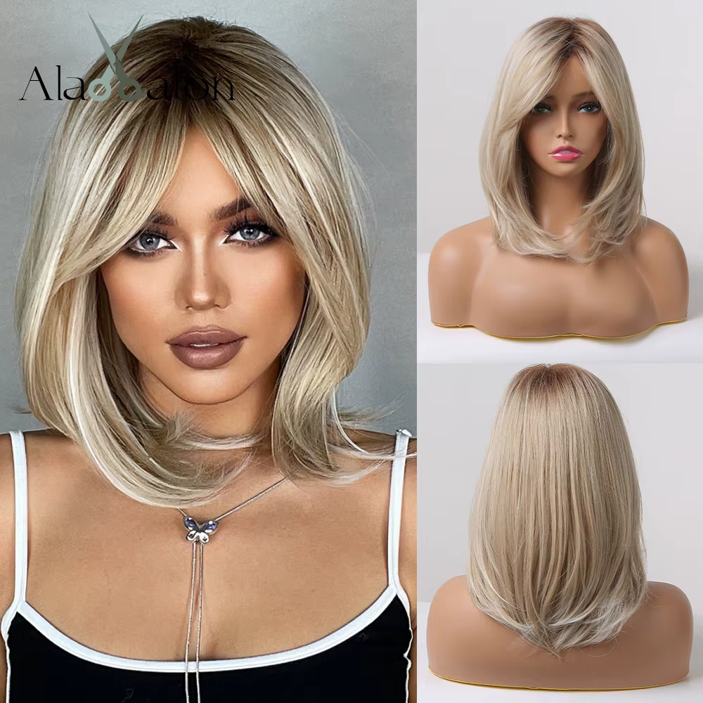 ALAN EATON perruques synthétiques en couches avec frange droite courte reflets perruque de cheveux blonds