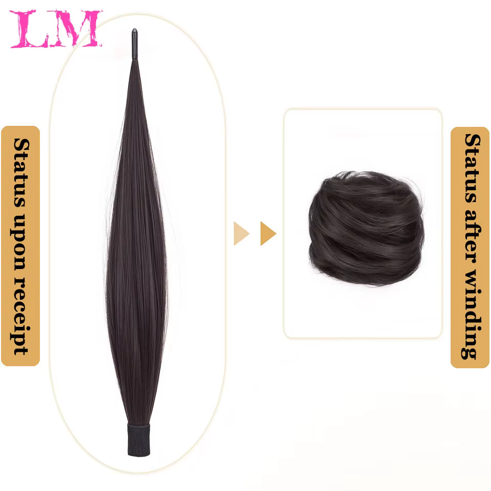 Extensions de cheveux synthétiques longues et lisses à enroulement automatique avec anneau en caoutchouc
