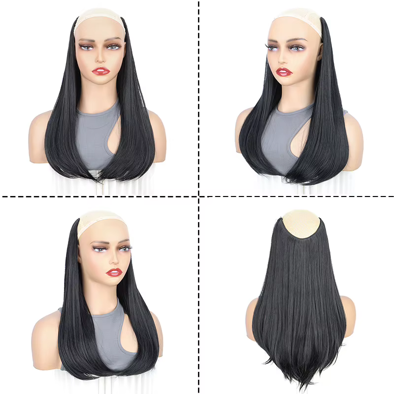 Extension capillaire synthétique en forme de V, 18 pouces, 4 Clips, postiche longue et lisse avec boucle interne, postiche noire et brune pour femmes