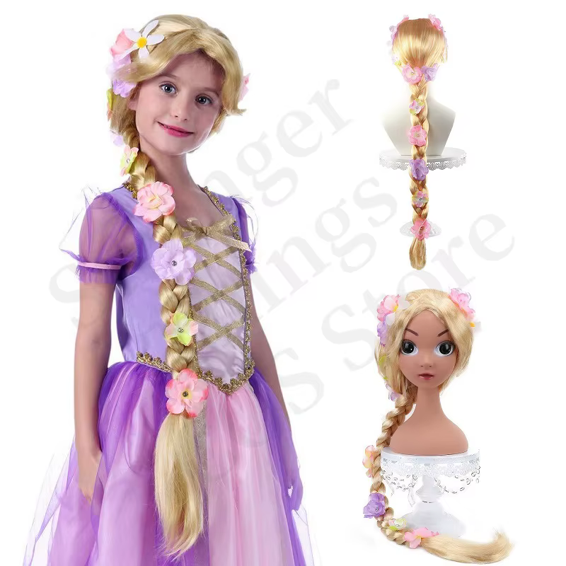 Perruque de princesse Raiponce super longue avec fleurs - Perruques synthétiques blondes tressées pour filles pour