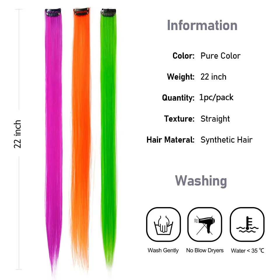 Extensions de cheveux colorées synthétiques 22 pouces lisses orange vert à clipser