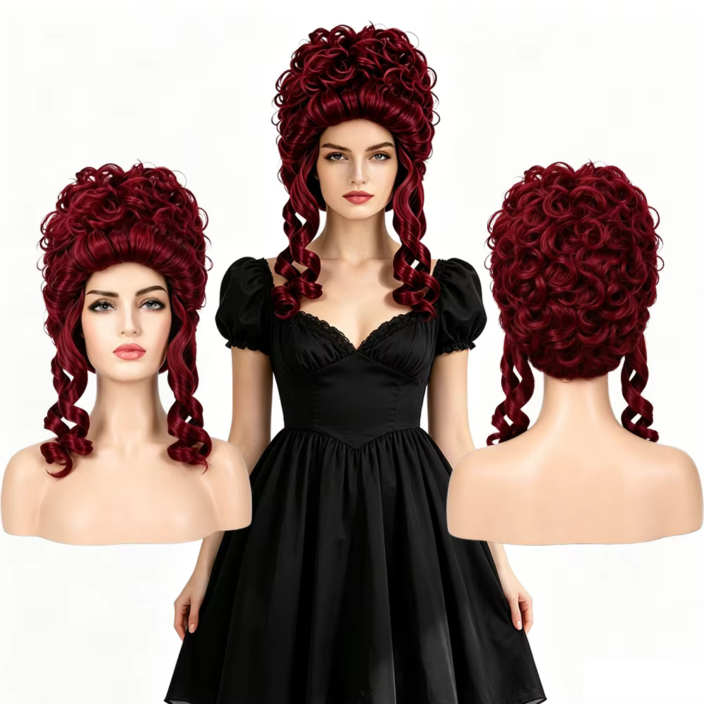 Perruque synthétique vintage Rococo Bourgogne à couronne haute