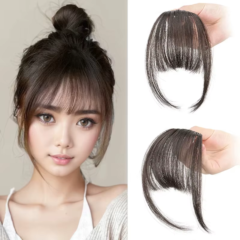 Extensions de cheveux invisibles Air Bangs : Postiche synthétique à franges frontales - Noir et marron pour femmes