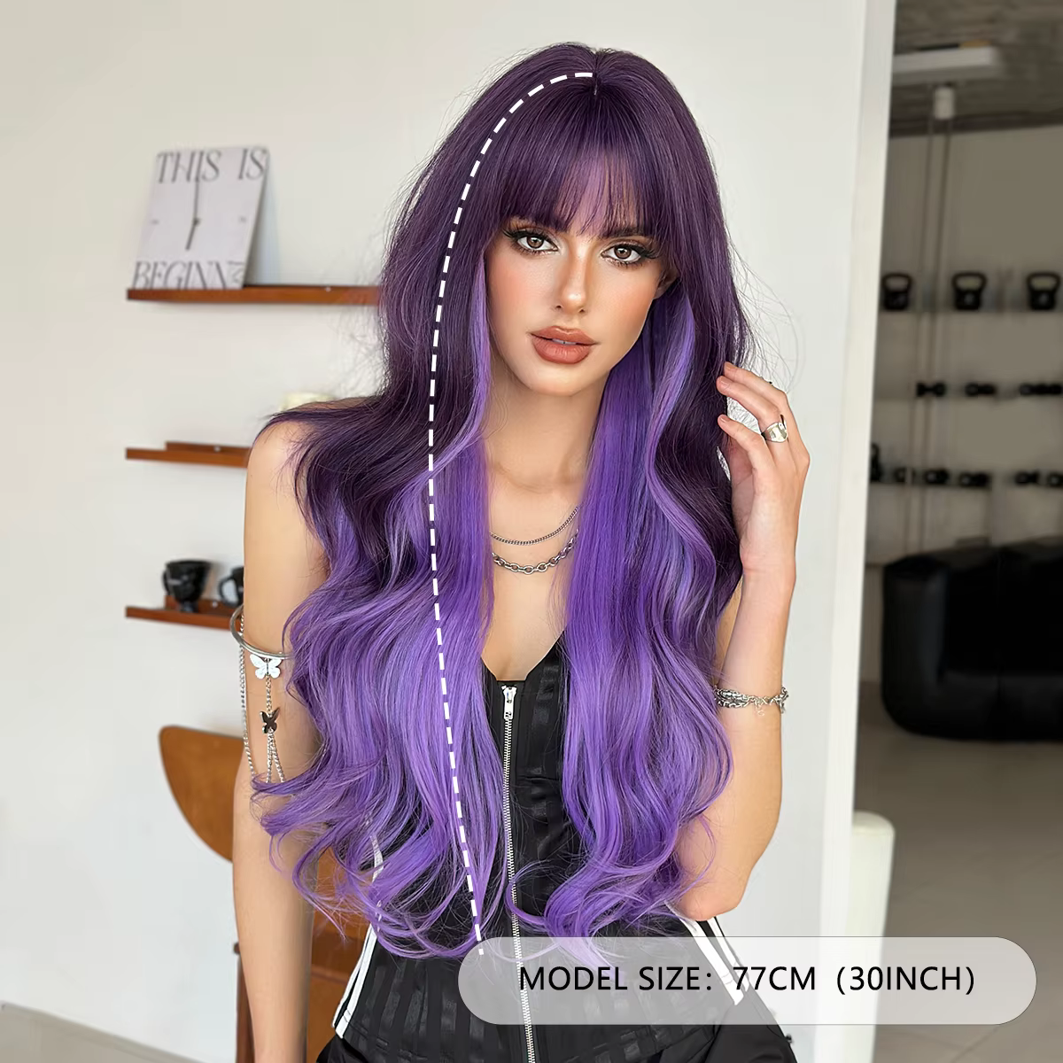 NAMM Halloween Costume perruque synthétique corps lâche ondulé violet perruques avec frange soignée noir dégradé haute