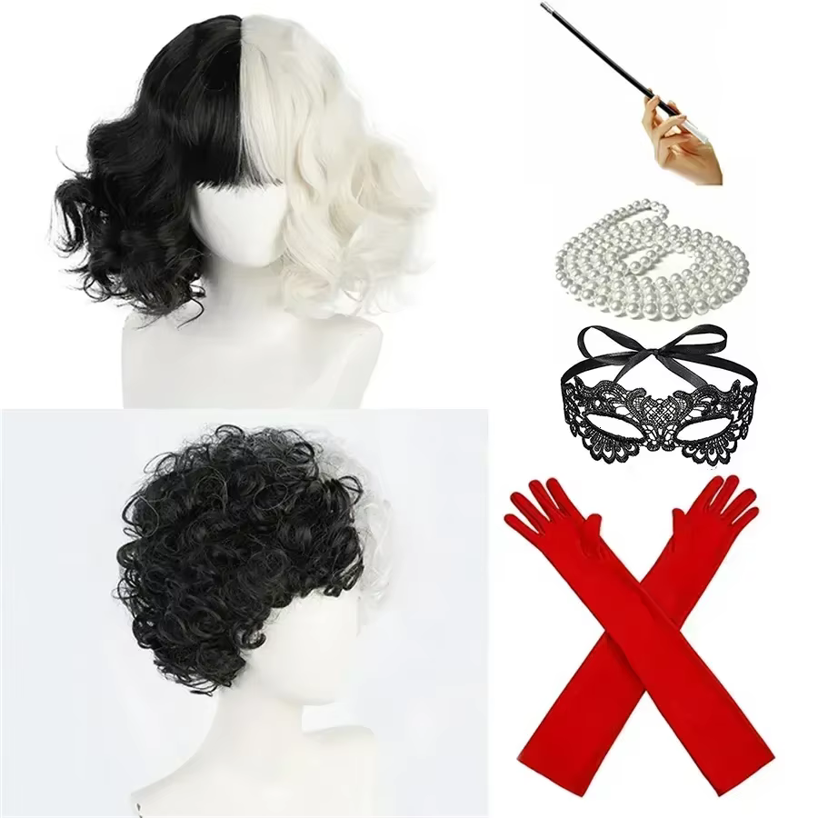 CRUELLA Deville De Vil noir blanc avec frange courte Bob résistant à la chaleur perruque De cheveux Cosplay Halloween