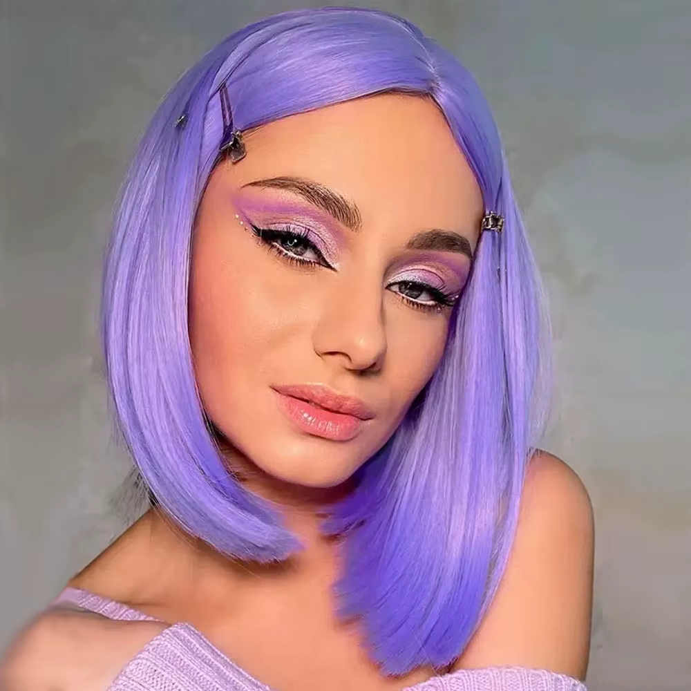 Perruque Bob courte droite synthétique violette pour femme