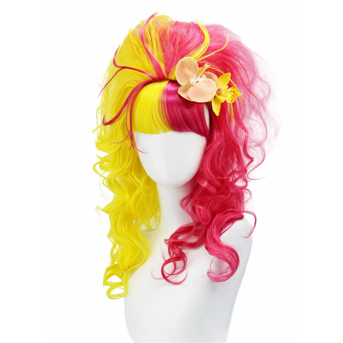 Perruque synthétique longue bouclée dégradée jaune rose double ton avec postiche florale