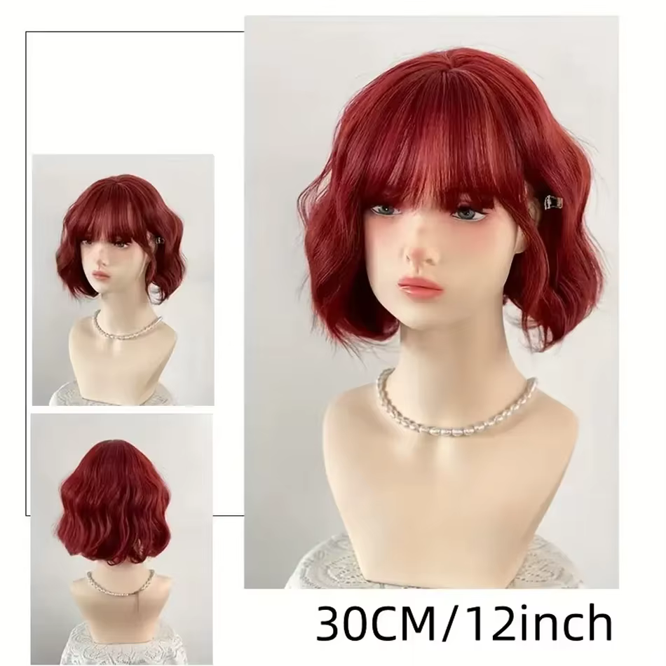 Perruque synthétique courte bouclée rouge framboise