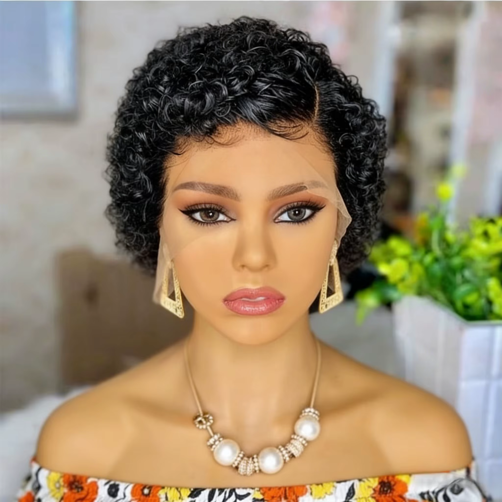 Perruque courte bouclée en cheveux humains