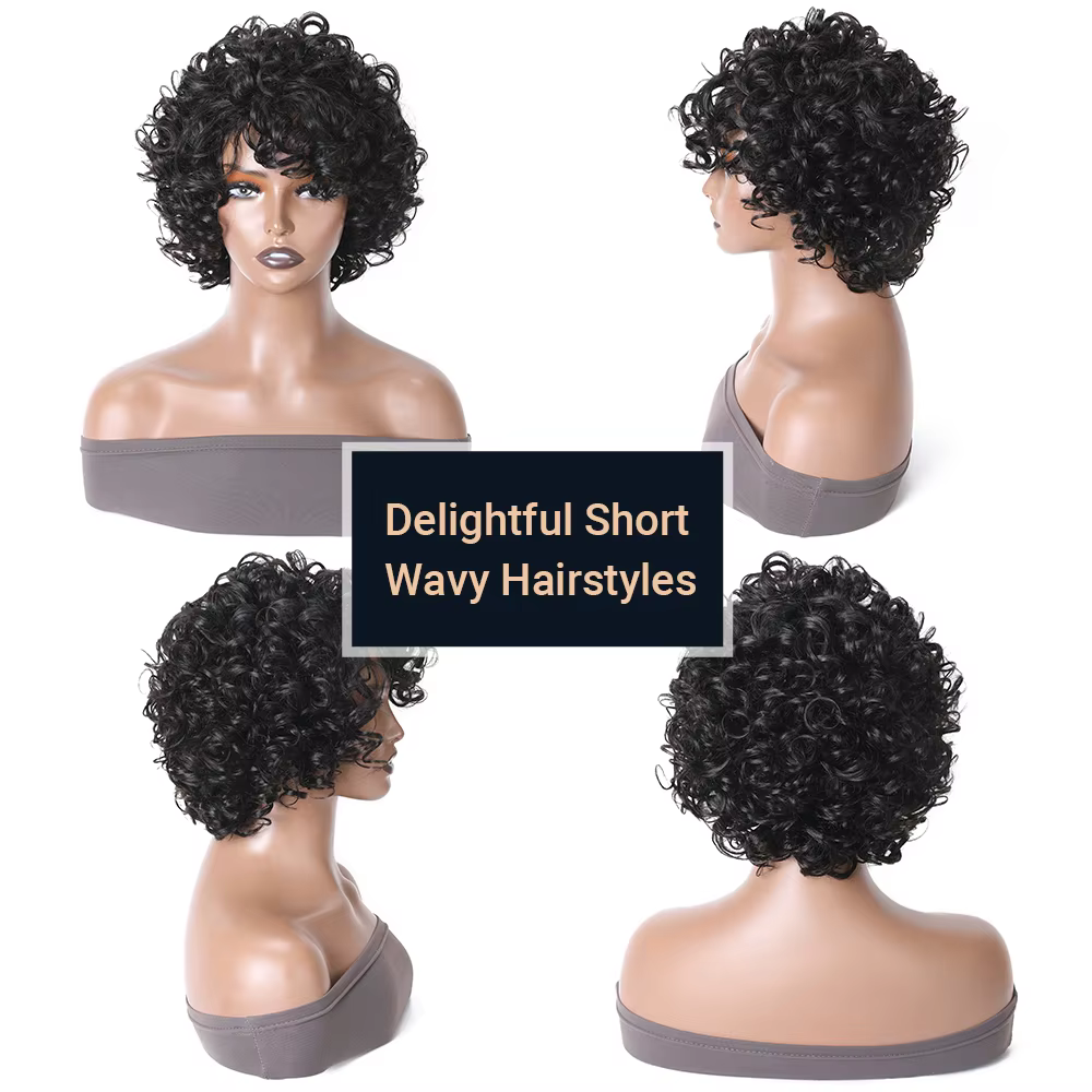 Nadula cheveux bouclés Pixie avec frange 10 "court rebondissant