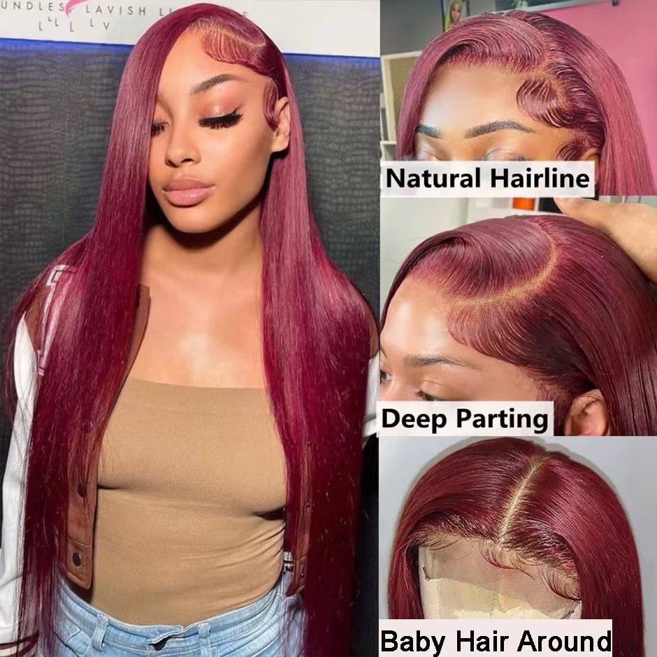 Perruque Lace Front Wig naturelle brésilienne, cheveux lisses, rouge bordeaux 99J, 13x6, 30 40 pouces, densité 250